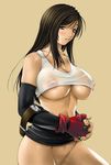  black_hair blush breasts brown_eyes covered_nipples final_fantasy final_fantasy_vii fingerless_gloves fumizuki_misoka gloves hands_clasped jpeg_artifacts large_breasts long_hair midriff miniskirt nipples no_bra no_panties own_hands_together pencil_skirt pussy see-through shirt skirt skirt_rise solo tank_top taut_clothes taut_shirt tifa_lockhart underboob wet wet_clothes wet_shirt 