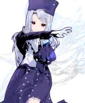  1girl closed_mouth cofffee dress fate/stay_night fate_(series) gloves hat illyasviel_von_einzbern long_hair long_sleeves looking_at_viewer magic_circle red_eyes redrawn scarf smile snowing solo white_hair 
