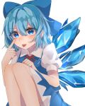  1girl :p bloomers blue_bow blue_dress blue_eyes blue_hair bow cirno collared_shirt crying crying_with_eyes_open dress eyelid_pull hair_bow highres ice ice_wings izumi_no_yasushi_aya neck_ribbon pinafore_dress puffy_short_sleeves puffy_sleeves ribbon shirt short_hair short_sleeves signature simple_background sleeveless sleeveless_dress solo squatting tears tongue tongue_out touhou white_background white_shirt wings 