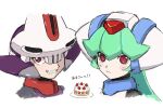  1boy 1girl blush blush_stickers cake commentary_request food green_hair headwear_request helmet highres long_hair looking_at_viewer mega_man_(series) mega_man_zx pandora_(mega_man) prometheus_(mega_man) red_eyes simple_background smile strawberry_shortcake touhou3939 translation_request upper_body 