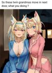  2girls absurdres animal_ears blonde_hair blue_eyes blue_hair breasts buttons cleavage collarbone fake_horns fang fox_ears fuwawa_abyssgard hair_ornament highres hololive hololive_english horns large_breasts looking_at_viewer meme mococo_abyssgard multicolored_hair multiple_girls navel open_mouth photo-referenced pink_eyes pink_hair satou_rin_(gobugabuge) shirt siblings sisters skirt small_breasts two-tone_hair 