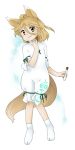  1girl animal_ears aqua_ribbon blonde_hair flat_chest fox_ears fox_girl fox_tail full_body hair_between_eyes hand_up highres holding holding_vial kudamaki_tsukasa nonamejd official_style ribbon romper short_hair short_sleeves sleeve_ribbon smile socks solo tabi tail touhou vial white_romper white_socks yellow_eyes yellow_tail zun_(style) 