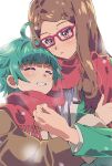  2girls ahoge akai_meganee blunt_bangs brown_coat brown_hair coat commentary_request glasses green_hair green_jacket highres hug jacket long_hair long_sleeves looking_at_another looking_down multiple_girls omega_auru open_mouth pretty_series red-framed_eyewear red_scarf scarf shared_clothes shared_scarf shirt short_hair simple_background smile tsujii_ruki upper_body waccha_primagi! white_background white_shirt winter_clothes 