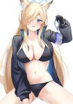  1girl absurdres animal_ears bikini black_bikini black_gloves black_jacket blonde_hair blue_archive blue_eyes blush breasts commentary_request cuffs gloves handcuffs highres holding holding_handcuffs jacket kanna_(blue_archive) large_breasts long_hair long_sleeves looking_at_viewer navel open_clothes open_jacket open_mouth sharp_teeth simple_background sitting solo stomach swimsuit teeth thighs very_long_hair white_background yahan_(mctr5253) 