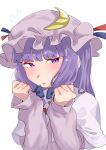  1girl blue_bow blunt_bangs blush bow capelet commentary_request crescent crescent_hat_ornament facing_viewer flying_sweatdrops hair_bow hands_up hat hat_ornament highres low-tied_sidelocks mob_cap parted_lips patchouli_knowledge pinching_sleeves purple_capelet purple_eyes purple_hair purple_headwear purple_shirt shirt sidelocks sideways_glance simple_background sobayu_to_tenpura solo touhou upper_body white_background 