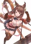  1girl akita_hika animal_ears armored_boots boots breasts brown_hair cleavage clothing_cutout dress gauntlets granblue_fantasy green_eyes highres holding_case la_coiffe_(granblue_fantasy) large_breasts leaning_forward long_hair long_sleeves looking_at_viewer open_mouth shoulder_cutout simple_background smile solo standing standing_on_one_leg teeth thighhighs upper_teeth_only white_background 