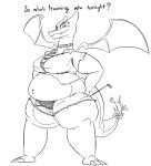 2019 2_horns 3_toes anthro asking back_wings barefoot big_breasts black_text bottomwear breasts charizard claws clothed clothing collar countershade_legs countershade_scales countershade_tail countershade_torso countershading cutoffs daisy_dukes denim denim_bottomwear denim_clothing digital_drawing_(artwork) digital_media_(artwork) dominant dominant_anthro dominant_female dominant_pokemon dragon english_text eyelashes fangs feet female fire flaming_tail front_view full-length_portrait generation_1_pokemon horn hotpants jacket looking_at_viewer membrane_(anatomy) membranous_wings midriff navel navel_piercing nintendo non-mammal_breasts obese obese_anthro obese_female overweight overweight_anthro overweight_female pattern_clothing pattern_topwear piercing pokemon pokemon_(species) pokemorph portrait pupils question_mark riding_crop scales shirt shorts simple_background skimpy solo striped_clothing striped_topwear stripes studded_collar tail teeth text thatoneaceguy thick_tail thick_thighs three-quarter_view toe_claws toes topwear torn_sleeves whip white_background winged_dragon wings zipper