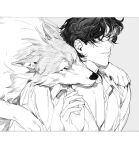  1boy affectionate animal clinging covered_eyes greyscale hand_up head_on_another&#039;s_shoulder hituzinnsaa12 letterboxed male_focus monochrome one_eye_closed original parted_lips short_hair simple_background upper_body wolf 