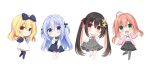 4girls :d ahoge aria_(utsumire) black_bow black_dress black_hair black_pantyhose black_skirt black_thighhighs blonde_hair blue_eyes blue_hair blush bow chibi closed_mouth colored_inner_hair commentary_request dress eyes_visible_through_hair flower green_eyes grey_skirt hair_between_eyes hair_bow hair_flower hair_ornament hair_ribbon hand_up happy high-waist_skirt holding holding_pen iroha_(utsumire) kneehighs long_hair long_sleeves looking_at_viewer low_twintails multicolored_hair multiple_girls neck_ribbon open_mouth original outstretched_arms pantyhose pen pink_hair red_eyes red_ribbon ribbon sakura_(utsumire) shirt short_twintails side-by-side simple_background skirt skirt_hold sleeveless sleeveless_dress smile socks standing standing_on_one_leg thighhighs twintails utsunomiya_tsumire very_long_hair waving white_background white_dress white_flower white_shirt white_socks yellow_flower yuki_(utsumire) zettai_ryouiki 
