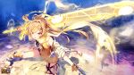  1girl benghuai_xueyuan blonde_hair boots breasts copyright_name fingerless_gloves gloves glowing glowing_sword glowing_weapon hair_ornament hairclip highres holding holding_sword holding_weapon honkai_(series) jacket karin_(benghuai_xueyuan) long_hair official_art open_clothes open_jacket orange_eyes scarf second-party_source shadow sword weapon 