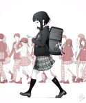  5boys 6+girls absurdres bag buttons cellphone couple faceless faceless_female faceless_male from_side greyscale highres holding_hands limited_palette loafers looking_at_phone monochrome multiple_boys multiple_girls necktie original phone plaid plaid_skirt pleated_skirt sakurai_gamon school_bag school_uniform shoes signature simple_background skirt smartphone socks walking white_background 