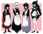  4girls apron black_footwear black_hair black_kimono breasts china_dress chinese_clothes cleavage closed_mouth dress faust_(project_moon) full_body genderswap genderswap_(mtf) hair_bun hanbok heterochromia hong_lu_(project_moon) japanese_clothes juliet_sleeves kimono korean_clothes large_breasts limbus_company long_hair long_sleeves looking_at_viewer maid medium_hair miniskirt mixed_maids multiple_girls pmchell_04 project_moon puffy_long_sleeves puffy_sleeves qi_maid red_eyes ryoshu_(project_moon) shoes skirt standing very_long_hair wa_maid white_apron white_hair yi_sang_(project_moon) 