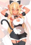  1girl ;o absurdres alternate_costume animal_ears apron armpits arms_up black_bow black_bowtie black_skirt black_thighhighs blonde_hair blush bow bowtie breasts cat_cutout cat_ears cat_tail cleavage cleavage_cutout clothing_cutout dark-skinned_female dark_skin detached_collar enmaided fake_animal_ears garter_straps heart highres hololive large_breasts long_hair looking_at_viewer maid maid_apron maid_headdress multicolored_hair one_eye_closed pointy_ears red_eyes sen_(sen42724788) shiranui_flare skirt solo streaked_hair tail thighhighs virtual_youtuber white_apron white_hair wrist_cuffs zoom_layer 