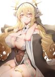  1girl absurdres azur_lane black_gloves blonde_hair blush breasts closed_mouth covered_navel cross fake_horns gloves habit hand_up highres horns implacable_(azur_lane) large_breasts licking_lips long_bangs long_hair long_sleeves looking_at_viewer nun orange_eyes shirochan simple_background sitting solo thighhighs tongue tongue_out veil very_long_hair white_background white_thighhighs wide_sleeves 