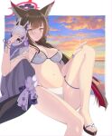  1girl animal_ear_fluff animal_ears armpits bikini blue_archive blush border bracelet breasts brown_hair closed_mouth colored_inner_hair eko eyelashes feet flip-flops floral_print flower foot_out_of_frame fox_ears fox_girl fox_mask fox_tail gradient_eyes halo hands_up highres holding holding_mask invisible_chair jacket jacket_on_shoulders jewelry knee_up large_breasts leaning_back legs long_hair looking_at_viewer mask multicolored_eyes multicolored_hair navel outdoors pink_hair pink_halo print_bikini purple_eyes purple_flower red_hair sandals sidelocks sitting smile solo stomach streaked_hair sunset swimsuit tail thighs toenails toes very_long_hair wakamo_(blue_archive) wakamo_(swimsuit)_(blue_archive) white_bikini white_border yellow_eyes 