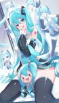  :d absurdres akai_ame black_skirt black_sleeves black_thighhighs blue_eyes blue_hair character_doll detached_sleeves figure hatsune_miku highres long_hair looking_at_viewer nendoroid open_mouth sitting skirt smile thighhighs thighs vocaloid zettai_ryouiki 