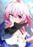  1girl bare_shoulders black_gloves blue_eyes bra_strap commentary_request ecliygame gloves highres honkai:_star_rail honkai_(series) march_7th_(honkai:_star_rail) pink_hair shirt short_hair single_glove solo upper_body v-shaped_eyebrows white_shirt 