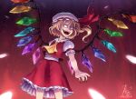  1girl artist_name ascot blonde_hair collared_shirt commentary cowboy_shot crazy_eyes crystal english_commentary fingernails flandre_scarlet frilled_shirt_collar frilled_skirt frilled_sleeves frills hat hat_ribbon highres invisiblepie_(kalinel) long_fingernails medium_hair mob_cap multicolored_wings nail_polish one_side_up open_mouth puffy_short_sleeves puffy_sleeves red_background red_nails red_ribbon red_skirt red_vest redrawn ribbon sharp_fingernails shirt short_sleeves skirt skirt_set sleeve_ribbon solo teeth touhou upper_teeth_only vest white_headwear white_shirt wings yellow_ascot 