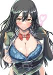  1girl absurdres belt black_belt black_gloves black_hair blue_bra blush bow bowtie bra breasts brown_eyes chikuma_(kancolle) chikuma_kai_ni_(kancolle) cleavage commentary_request dress elbow_gloves gloves green_dress hair_between_eyes heart highres kantai_collection kurage_ituki large_breasts long_hair long_skirt looking_at_viewer red_bow red_bowtie short_sleeves side_slit single_elbow_glove skirt smile solo underwear white_background 
