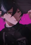  1boy black_headwear black_jacket breast_pocket brown_eyes buttons danganronpa_(series) danganronpa_v3:_killing_harmony double-breasted hair_between_eyes hat highres holding holding_clothes holding_hat jacket pink_background pocket portrait pun_suke saihara_shuichi simple_background smile solo striped striped_jacket teeth 