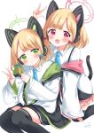  2girls :d animal_ears artist_name black_thighhighs blonde_hair blue_archive blunt_bangs bow closed_mouth green_eyes hair_ornament hair_ribbon halo hand_up headphones highres jacket kneeling lace-trimmed_skirt lace_trim looking_at_viewer midori_(blue_archive) miniskirt momoi_(blue_archive) multiple_girls necktie open_clothes open_jacket open_mouth paw_pose red_eyes ribbon shirt siblings sidelocks sitting skirt sleeves_past_wrists smile sugutsuka_rerun tail tail_raised thighhighs v white_jacket white_shirt wide_sleeves 