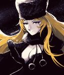  1girl artist_name black_coat black_eyes black_headwear blonde_hair breasts cleavage closed_mouth coat commentary eyelashes fur_coat ginga_tetsudou_999 highres large_breasts long_hair looking_at_viewer maetel miss_faves smile solo space twitter_username upper_body 