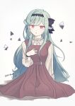  1girl 2021 alternate_costume blue_hair breasts casual chaos_aurora_(grimms_notes) dated grimms_notes hair_ribbon hand_on_own_chest highres long_hair open_mouth red_eyes ribbon simple_background sitting solo taaanu30_1 white_background 