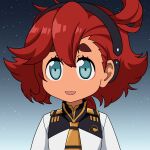  1girl ahoge bangs blue_eyes chibi commentary gradient gradient_background gundam gundam_suisei_no_majo hairband highres long_hair low_ponytail no_nose red_hair sky smile solo spit_(takethestrain) star_(sky) starry_sky suletta_mercury upper_body 