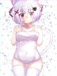  1girl animal_ear_fluff animal_ears ashitaba_kemo bandaid bandaid_on_cheek bandaid_on_face bangs bare_arms bare_shoulders blush breasts cat_ears cat_hair_ornament closed_mouth collarbone commentary_request covered_navel flying_sweatdrops hair_ornament hair_ribbon hairclip hands_up highres looking_at_viewer medium_breasts nose_blush old_school_swimsuit one-piece_swimsuit original purple_eyes red_ribbon ribbon school_swimsuit solo swimsuit thighhighs white_background white_hair white_swimsuit x_hair_ornament 