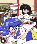  black_hair blue_hair chair cologne_(ranma_1/2) eating egg food glasses grandmother_and_granddaughter mousse_(ranma_1/2) noodles old old_woman open_mouth purple_eyes ramen ranma_1/2 shampoo_(ranma_1/2) sitting table wanta_(futoshi) 