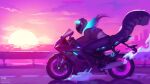  2022 ambiguous_gender anthro blue_hair day detailed_background digital_media_(artwork) fingers hair kardie motorcycle outside sky solo species_request sun vehicle 