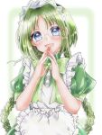  1girl absurdres apron blue_eyes blush bow braid cowboy_shot glasses green_background green_bow green_hair green_shirt green_skirt green_theme highres long_hair long_sleeves looking_at_viewer maid_headdress midorikawa_lettuce open_mouth puffy_long_sleeves puffy_sleeves shirt signature skirt smile tokyo_mew_mew tsukishiro_yayoi_(yumeir0) twin_braids waitress white_background 