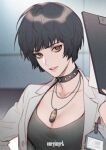  1girl artist_name bangs black_hair black_tank_top blurry blurry_background breasts brown_eyes choker cleavage clipboard coat holding holding_clipboard id_card jewelry kanapy labcoat medium_breasts necklace open_clothes open_coat parted_lips persona persona_5 short_hair solo spiked_choker spikes takemi_tae tank_top white_coat 