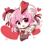  1girl :d akaneya animal_ears breasts chibi cleavage cuffs double_bun food full_body hair_bun heart holding holding_food ibaraki_kasen large_breasts looking_at_viewer lowres open_mouth pantyhose pink_eyes pink_hair playboy_bunny rabbit_ears shackles short_hair short_sleeves smile solo tabard touhou 