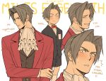 1boy ace_attorney ascot black_shorts black_vest blush character_name child closed_eyes closed_mouth english_text grey_hair jacket kanapy male_child male_focus miles_edgeworth multiple_views parted_lips red_jacket shorts signature smug sweat vest white_ascot younger 