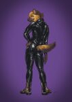  anthro boots butt catsuit_(disambiguation) clothing footwear glistening glistening_body hand_on_hip hyaenid looking_at_viewer male male/male mammal smile smiling_at_viewer solo 