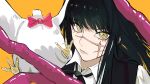  1girl bangs bird black_hair bow bowtie bucky_(chainsaw_man) chainsaw_man chicken collared_shirt commentary headless highres intestines long_hair looking_at_viewer mitaka_asa neck_ribbon orange_background portrait red_bow red_bowtie ribbon ringed_eyes sailen0 scar scar_on_cheek scar_on_face serious shirt simple_background straight_hair v-shaped_eyebrows yellow_eyes 