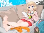  1girl ahagon_umiko animal_bag backpack bag bangs barefoot blonde_hair blue_eyes book character_doll closed_mouth copyright_name couch cushion doll full_body highres holding holding_book id_card indoors jacket lanyard long_hair looking_at_viewer menthako new_game! open_book pantyhose pantyhose_removed pink_jacket red_shorts sakura_nene shark_bag shorts sitting smile soles solo toes tongue tongue_out twintails 