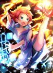  1girl bike_shorts blue_eyes blush breasts closed_mouth dress fire high_heels highres hood hoodie kumatora kurorinamori mother_(game) mother_3 pink_eyes pink_hair short_hair smile solo 