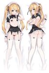  1girl ass black_ribbon blonde_hair blue_eyes breasts cat_pasties closed_mouth dakimakura_(medium) dead_or_alive from_behind garter_straps hair_ribbon highres long_hair looking_at_viewer maid_headdress marie_rose minutachi nipples puffy_short_sleeves puffy_sleeves ribbon short_sleeves small_breasts thighhighs twintails white_thighhighs wrist_cuffs 