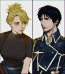  1boy 1girl amestris_military_uniform bangs black_eyes black_hair blonde_hair blue_coat breasts brown_eyes coat folded_ponytail fullmetal_alchemist grey_background hair_between_eyes kanapy large_breasts military military_uniform ponytail riza_hawkeye roy_mustang short_sleeves signature simple_background uniform upper_body 