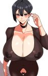  1girl absurdres alecto_0 black_hair breasts choker cleavage crotchless ear_piercing earrings hand_up highres huge_breasts jewelry looking_at_viewer original pasties piercing purple_eyes shadow short_hair smile solo tight white_background 