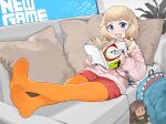  1girl :d absurdres ahagon_umiko animal_bag backpack bag bangs blonde_hair blue_eyes book character_doll copyright_name couch cushion doll full_body highres holding holding_book id_card indoors jacket lanyard long_hair looking_at_viewer menthako new_game! no_shoes open_book open_mouth pantyhose pink_jacket red_shorts sakura_nene shark_bag shorts sitting smile soles solo twintails 