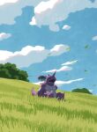  absurdres blue_sky claws closed_eyes cloud day fangs grass highres horns hyogonosuke leaf nidoking no_humans open_mouth outdoors pokemon pokemon_(creature) single_horn sitting sky sleeping sleeping_upright solo 