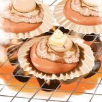  butter chai_(drawingchisanne) charcoal commentary_request cooking food food_focus grill grilling no_humans original scallop seafood shell shichirin signature sitting_on_food soy_sauce steam sweets_bird 