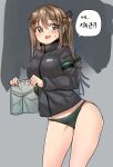  1girl :d bangs black_jacket blush brown_eyes brown_hair girls&#039;_frontline green_panties grey_background grey_shorts hair_ornament holding jacket justeeeeth k2_(girls&#039;_frontline) long_hair looking_at_viewer military open_mouth panties shorts smile solo underwear 