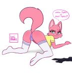  anthro ass_up bottomwear butt canid canine clothed clothing digital_media_(artwork) fangs female fox fur green_eyes legwear lexi_beetz lexibeetz looking_at_viewer looking_back mammal narrowed_eyes pink_body pink_fur presenting raised_tail shirt simple_background solo teeth tights topwear underwear white_background 