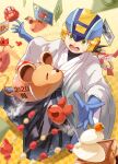  1boy 2020 black_hair black_hakama blue_headwear blurry blurry_foreground card checkered_background chinese_zodiac commentary_request dango daruma_doll english_text food fruit green_eyes hakama haori helmet highres iroha_karuta japanese_clothes kagami_mochi karuta_(card_game) kimono long_sleeves looking_at_another lower_teeth male_focus mandarin_orange mega_man_(series) mega_man_battle_network megaman.exe mouse netnavi new_year open_mouth outstretched_hand ratty_(mega_man) short_hair shrimpy_(mega_man) skewer spiked_hair sweatdrop teeth tok_nuts twitter_username wagashi watermark white_kimono wide_sleeves year_of_the_rat yellow_background 