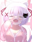  1girl =_= animal_ear_fluff animal_ears ashitaba_kemo bandaid bandaid_on_cheek bandaid_on_face bangs blush breasts cat_ears cat_girl cat_hair_ornament cat_tail cleavage closed_eyes collared_shirt commentary_request dress_shirt drooling facing_viewer fang hair_ornament hair_ribbon hand_up highres long_sleeves medium_breasts open_mouth original pajamas pink_pajamas pink_shirt red_ribbon ribbon saliva shirt sleeves_past_wrists solo tail upper_body wavy_mouth white_hair x_hair_ornament 