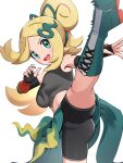  1girl bike_shorts blonde_hair boots breasts gonzarez green_eyes high_kick highres kicking korrina_(pokemon) leg_up medium_breasts midriff official_alternate_costume open_mouth pokemon pokemon_(game) pokemon_masters_ex simple_background solo teeth white_background 